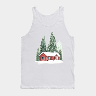 Christmas winter trees with red house. Tank Top